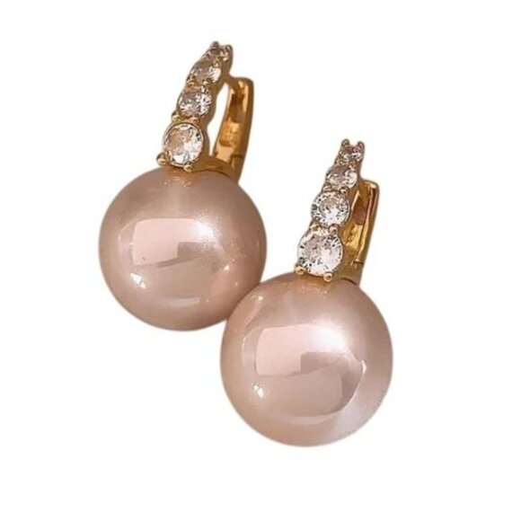 2/$24 Gold-Plated Faux Delicate Pink Pearl Drop Earrings With Rhinestone Detail - Picture 4 of 5